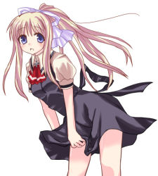 Rule 34 | 00s, 1girl, :o, air (visual novel), ascot, black dress, blonde hair, blue eyes, bow, contrapposto, cross, dress, hair bow, kamio misuzu, leaning forward, long hair, looking at viewer, lowres, parted lips, ponytail, puffy short sleeves, puffy sleeves, school uniform, short sleeves, simple background, solo, standing, very long hair, white background