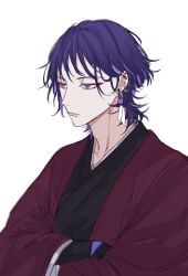 Rule 34 | 1boy, alternate costume, earrings, eyeliner, genshin impact, highres, japanese clothes, jewelry, kimono, liann1009, looking to the side, male focus, purple eyes, purple hair, red eyeliner, red kimono, scaramouche (genshin impact), short hair, simple background, single earring, white background