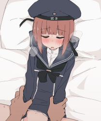 Rule 34 | 1boy, 1girl, ame (amechan17391739), blue sailor collar, blunt bangs, blush, bottomless, breath, brown eyes, dress, hat, heavy breathing, hetero, kantai collection, lying, missionary, on back, on bed, red hair, sailor collar, sailor dress, sailor hat, sex, short hair, simple background, steam, steaming body, sweat, z3 max schultz (kancolle)