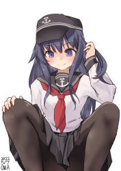 Rule 34 | 1girl, akatsuki (kancolle), anchor symbol, artist name, badge, black hair, black pantyhose, black sailor collar, convenient skirt, dated, flat cap, hair between eyes, hat, highres, kantai collection, long hair, messy hair, neckerchief, one-hour drawing challenge, owa (ishtail), pantyhose, purple eyes, red neckerchief, sailor collar, school uniform, serafuku, simple background, solo, squatting, white background