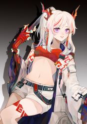 Rule 34 | 1girl, arknights, bandeau, belt, black background, black belt, breasts, coat, commentary request, feet out of frame, gradient background, grey background, grin, hand up, highres, holding, horns, long hair, long sleeves, midriff, multicolored hair, navel, nian (arknights), open clothes, open coat, pointy ears, purple eyes, red hair, short shorts, shorts, silver hair, small breasts, smile, solo, stomach, strapless, streaked hair, thighs, tube top, white coat, white shorts, wide sleeves, xubeiluobozhi