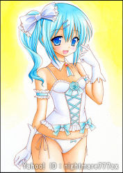 Rule 34 | 1girl, :d, arm garter, artist name, bare shoulders, blue eyes, blue hair, blush, bow, gloves, hair bow, hair ornament, hairclip, looking at viewer, marker (medium), matching hair/eyes, nightmare77zx, open mouth, original, panties, short hair, side-tie panties, side ponytail, smile, solo, traditional media, underwear, white gloves, white panties