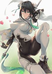 Rule 34 | 1girl, black bodysuit, black footwear, black hair, blush, bodysuit, breasts, bun cover, cape, commentary request, covered erect nipples, covered navel, double bun, falling petals, fate/grand order, fate (series), fighting stance, fingerless gloves, gloves, green eyes, hair between eyes, hair bun, leg up, medium breasts, open mouth, parfaitlate, petals, polearm, qin liangyu (fate), sidelocks, skin tight, solo, weapon