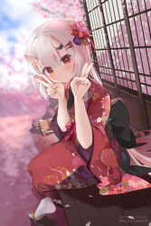 Rule 34 | 1girl, blush, cherry blossoms, closed mouth, double v, hair ornament, hairpin, hololive, horns, japanese clothes, kimono, long hair, long sleeves, looking at viewer, mujinbensin, nakiri ayame, oni, outdoors, red eyes, sitting, smile, solo, v, virtual youtuber, white hair, wide sleeves