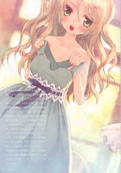 Rule 34 | 1girl, :d, absurdres, asaki yuzuno, blonde hair, blush, brown eyes, child, clothes in front, dress, dutch angle, fang, green eyes, hair ornament, hairclip, highres, long hair, nude, open mouth, scan, scan artifacts, sleeveless, sleeveless dress, smile, solo, text focus, wavy hair
