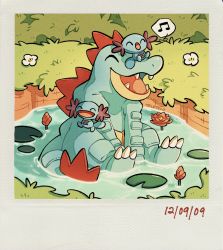 Rule 34 | creatures (company), feraligatr, flower, game freak, gen 2 pokemon, grass, highres, lily pad, musical note, nintendo, no humans, open mouth, orange flower, pokemon, pokemon (creature), polaroid, pond, smile, spoken musical note, swimming, teletelo, water, water lily flower, white flower, wooper