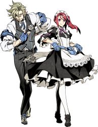 Rule 34 | 1boy, 1girl, 7th dragon (series), 7th dragon iii, brown hair, butler, crossed legs, dress, facial hair, fingerless gloves, full body, gloves, goatee, god-hand (7th dragon), crossed legs, maid, miwa shirow, official art, red hair, scar, side ponytail, transparent background, vest, watson cross