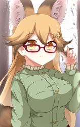 Rule 34 | adjusting eyewear, animal ears, blush, brown hair, casual, collar, commentary request, extra ears, ezo red fox (kemono friends), fox ears, fox girl, frilled collar, frilled sleeves, frills, glasses, green sweater, hair ornament, hairclip, hand on eyewear, hata (user ehfr2334), highres, kemono friends, kemono friends 3, long hair, long sleeves, looking at viewer, multicolored hair, official alternate costume, orange eyes, orange hair, red-framed eyewear, sweater, upper body