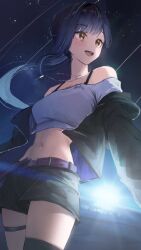 Rule 34 | 1girl, :d, bare shoulders, black jacket, black shorts, black thighhighs, blue hair, blue sky, blush, collarbone, commentary, cowboy shot, crop top, dutch angle, english commentary, gnns, groin, highres, horizon, jacket, jewelry, light, lilpa, long hair, navel, necklace, night, night sky, off shoulder, open clothes, open jacket, open mouth, ponytail, shirt, shooting star, shorts, sidelocks, single thighhigh, sky, smile, solo, standing, star (sky), starry sky, thighhighs, thighlet, virtual youtuber, waktaverse, white shirt, yellow eyes