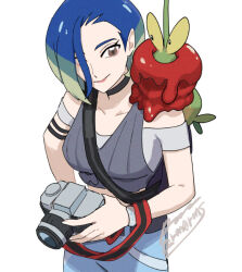 Rule 34 | 1girl, armband, blue hair, bob cut, breasts, brown eyes, camera, creatures (company), denim, dipplin, game freak, green hair, holding, holding camera, jeans, looking at viewer, medium breasts, midriff, multicolored hair, nintendo, pants, perrin (pokemon), photographer, pokemon, pokemon (creature), pokemon sv, sagemaru-br, short sleeves, smile, stomach