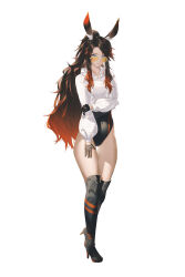 Rule 34 | 1girl, animal ear fluff, black footwear, black gloves, black leotard, blue eyes, boots, brown hair, commentary, commission, covered navel, final fantasy, final fantasy xiv, fov ps, full body, glasses, gloves, gradient hair, hand up, high heels, high ponytail, highres, hood, hoodie, leotard, leotard under clothes, long hair, long sleeves, looking at viewer, multicolored hair, original, pixiv commission, playboy bunny, red hair, sidelocks, simple background, solo, standing, symbol-only commentary, thigh boots, thigh gap, two-tone hair, very long hair, viera, white background, white hoodie