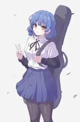 Rule 34 | 1girl, black pantyhose, blue hair, blue skirt, bocchi the rock!, closed mouth, collared shirt, feet out of frame, highres, hihi (cvwv4322), instrument case, layered sleeves, long sleeves, looking at viewer, mole, mole under eye, pantyhose, pleated skirt, shirt, short hair, short over long sleeves, short sleeves, simple background, skirt, solo, v, white background, white shirt, yamada ryo, yellow eyes