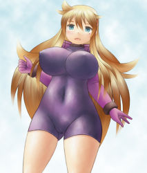Rule 34 | 10s, 1girl, blonde hair, blue eyes, breasts, cameltoe, cleft of venus, covered erect nipples, covered navel, female focus, furinji miu, highres, jacket, large breasts, long hair, looking at viewer, mole, mole under eye, open clothes, open jacket, shijou saikyou no deshi ken&#039;ichi, simple background, skin tight, solo, standing