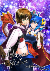 Rule 34 | 1boy, 1girl, ashton anchors, bad id, bad pixiv id, blue eyes, blue hair, blush, breasts, carrying, closed mouth, commentary request, fur trim, gloves, headband, princess carry, rena lanford, ryuuzaki victorias mochi, short hair, smile, star ocean, star ocean the second story, thighhighs