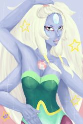 Rule 34 | 1girl, absurdres, blonde hair, blue skin, chest jewel, colored skin, extra arms, forehead jewel, fusion, gem, green hair, highres, long hair, looking at viewer, opal (steven universe), simple background, solo, steven universe, thick lips, very long hair, white hair