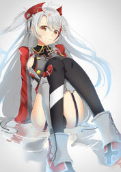 Rule 34 | 1girl, absurdres, ankle boots, antenna hair, arms at sides, azur lane, black thighhighs, blush, boots, breasts, buttons, closed mouth, double-breasted, garter straps, gradient background, grey background, hands in opposite sleeves, headgear, highres, hikashou, knees up, long hair, long sleeves, looking at viewer, medium breasts, mole, mole on breast, multicolored hair, panties, pantyshot, prinz eugen (azur lane), red footwear, red hair, sideboob, silver hair, sitting, smile, solo, streaked hair, swept bangs, thighhighs, thighs, two side up, underwear, very long hair, water