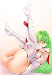 Rule 34 | 1girl, ass, bar censor, blush, boots, bottomless, breasts, c.c., censored, cleft of venus, code geass, from side, full body, gloves, green hair, hair between eyes, hand on own thigh, high heel boots, high heels, highres, holding own ankle, legs, legs up, leotard, long hair, looking at viewer, lying, medium breasts, no panties, on back, presenting, pussy, sereneandsilent, skin tight, skindentation, smile, solo, thigh boots, thighhighs, thighs, white gloves, white leotard, white thighhighs, yellow eyes