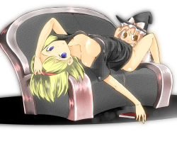 Rule 34 | 1girl, :x, alice margatroid, alternate costume, areola slip, blonde hair, blue eyes, book, bottomless, breasts, character doll, collarbone, couch, downblouse, female focus, hairband, highres, kirisame marisa, lying, naked shirt, nipple slip, nipples, no panties, on back, sexually suggestive, shirt, short hair, simple background, solo, takara akihito, touhou, upside-down