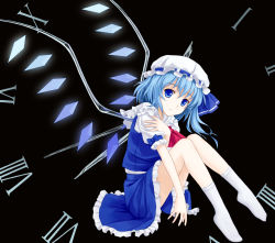 Rule 34 | 1girl, alternate color, ascot, blouse, blue eyes, blue hair, cirno, cirno (cosplay), clock, color switch, cosplay, female focus, flandre scarlet, hat, highres, matching hair/eyes, mob cap, ponytail, red ascot, shirt, short hair, side ponytail, socks, solo, touhou, tucana, white shirt, white socks, wings