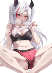 Rule 34 | 1girl, absurdres, azur lane, bare legs, barefoot, black bra, black panties, bra, breasts, brown eyes, classic (zildjian33), cleavage, clothes lift, collarbone, commentary request, gym uniform, highres, large breasts, lifting own clothes, looking at viewer, mole, mole on breast, multicolored hair, navel, official alternate costume, official alternate hairstyle, open mouth, paid reward available, panties, panty peek, prinz eugen (azur lane), prinz eugen (brilliant touchdown) (azur lane), red hair, red shorts, shirt, shirt lift, shorts, sitting, sleeveless, sleeveless shirt, solo, steaming body, stomach, streaked hair, sweat, thighs, toes, two side up, underwear, white hair, white shirt