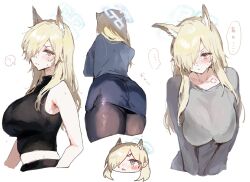 Rule 34 | 1girl, animal ear fluff, animal ears, black pantyhose, blonde hair, blue archive, blue eyes, blue halo, blush, breasts, cropped torso, fox ears, grey shirt, hair over one eye, halo, highres, inusaka, kanna (blue archive), large breasts, long hair, long sleeves, multiple views, pantyhose, shirt, simple background, sketch, speech bubble, white background