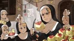 Rule 34 | 5girls, ^ ^, apple, apple peel, banana, bird, blonde hair, brown hair, closed eyes, clumsy nun (diva), commentary, cup, diva (hyxpk), doorway, drawing, drooling, duck, duckling, eating, english commentary, english text, failure, flower, food, froggy nun (diva), frown, fruit, grey hair, habit, hair flower, hair ornament, hairclip, highres, holding, holding food, holding fruit, holding knife, holding plate, knife, ladle, little nuns (diva), mole, mole under eye, motion blur, multiple girls, nun, peeling, plate, poster (object), sign, smile, smug nun (diva), sparkling eyes, spatula, spicy nun (diva), strict nun (diva), sweat, sweatdrop, tongue, tongue out, traditional nun