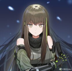 Rule 34 | 1girl, assault rifle, bare shoulders, breasts, brown hair, commentary request, expressionless, girls&#039; frontline, green hair, gun, holding, holding gun, holding weapon, long hair, looking at viewer, m4 carbine, m4a1 (girls&#039; frontline), m4a1 (mod3) (girls&#039; frontline), mao jian hiko, mask, medium breasts, multicolored hair, rifle, skull mask, solo, straight-on, streaked hair, upper body, weapon, weibo watermark, yellow eyes