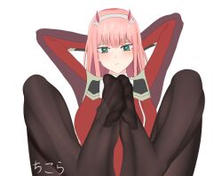 Rule 34 | 1girl, arms behind head, blush, darling in the franxx, feet, green eyes, long hair, looking at viewer, pantyhose, pink hair, soles, toes, zero two (darling in the franxx)