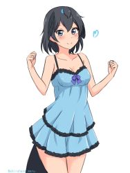 Rule 34 | 1girl, absurdres, bare arms, bare shoulders, black hair, blue dress, blue eyes, breasts, cleavage, clenched hands, collarbone, cowboy shot, dress, hair between eyes, hands up, head wings, heart, highres, kemono friends, looking at viewer, medium breasts, shiraha maru, short hair, simple background, sleeveless, sleeveless dress, smile, solo, superb bird-of-paradise (kemono friends), tail, twitter username, white background, wings