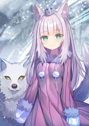 Rule 34 | 1girl, animal, animal ears, blue eyes, blush, breasts, closed mouth, commentary request, copyright request, crown, dress, fur-trimmed dress, fur-trimmed sleeves, fur trim, long hair, long sleeves, looking at viewer, medium breasts, mini crown, mittens, pink dress, purple hair, rk (rktorinegi), smile, snowing, solo, striped clothes, striped dress, tail, tail raised, vertical-striped clothes, vertical-striped dress, very long hair, white mittens, wolf, wolf ears, wolf girl, wolf tail, yellow eyes