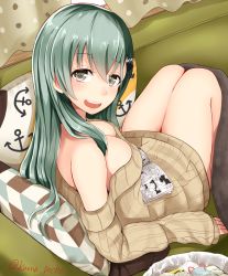 Rule 34 | 10s, 1girl, anchor, anchor print, aqua hair, arm support, bad id, bad pixiv id, bare legs, bare shoulders, breasts, brown eyes, brown sweater, cleavage, couch, curtains, cushion, dress, female focus, from above, green hair, grey eyes, hair between eyes, hair ornament, hairclip, indoors, kanna (horntp), kantai collection, knees up, legs, legs up, long sleeves, looking at viewer, looking back, manga (object), medium breasts, naked sweater, off-shoulder dress, off shoulder, open mouth, reading, ribbed sweater, round teeth, sitting, sleeves past wrists, solo, suzuya (kancolle), sweater, teeth, thighs, twitter username
