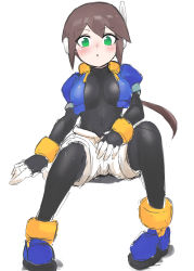 Rule 34 | 1girl, aile (mega man zx), artist request, blush, breasts, brown hair, green eyes, highres, long hair, medium breasts, mega man (series), mega man x (series), mega man x dive, mega man zx, mega man zx advent, ponytail, robot ears, short pants, tagme
