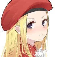 Rule 34 | 1girl, belfraw martini, beret, blonde hair, blush, closed mouth, dress, forehead, from side, hat, highres, isobe eiji, long hair, looking at viewer, looking to the side, parted bangs, purple eyes, red dress, red hat, simple background, solo, summon night, summon night 3, v-shaped eyebrows, white background