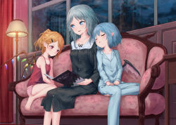 Rule 34 | 3girls, alternate costume, bare arms, bare legs, bare shoulders, barefoot, bat wings, black dress, black ribbon, blonde hair, blue eyes, blue hair, blue pajamas, blue pants, blush, book, breasts, camisole, closed eyes, collarbone, commentary request, couch, crystal, curtains, dress, feet out of frame, flandre scarlet, hair between eyes, head tilt, highres, holding, holding book, indoors, izayoi sakuya, lamp, long sleeves, looking at another, medium breasts, multiple girls, night, night sky, nightgown, no headwear, no pants, pajamas, panties, pants, parted lips, pointy ears, ponytail, red eyes, red panties, remilia scarlet, ribbon, roke (taikodon), short hair, siblings, silver hair, sisters, sitting, sky, small breasts, smile, spaghetti strap, striped clothes, striped panties, thighs, touhou, underwear, white panties, window, winged hair ornament, wings