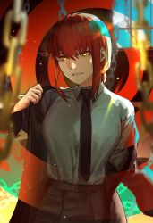 Rule 34 | 1girl, absurdres, black jacket, black necktie, braid, braided ponytail, breasts, chain, chainsaw man, collared shirt, dressing, highres, jackboo, jacket, jacket partially removed, looking at viewer, makima (chainsaw man), medium breasts, medium hair, necktie, red hair, shirt, shirt tucked in, sidelocks, smile, solo, spiral, teeth, white shirt, window, yellow eyes