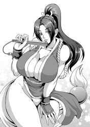 Rule 34 | 1girl, breasts, cleavage, collarbone, crossed legs, fatal fury, folded fan, folding fan, forehead, hand fan, holding, holding fan, huge breasts, lips, long hair, looking at viewer, mifune seijirou, monochrome, pelvic curtain, ponytail, shiranui mai, simple background, solo, tagme