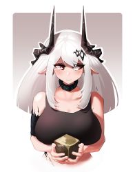 Rule 34 | 1girl, arknights, armband, bare shoulders, black collar, breasts, collar, commentary, cube, gradient background, highres, holding, horns, infection monitor (arknights), large breasts, long hair, looking to the side, material growth, midriff, mudrock (arknights), oripathy lesion (arknights), orirock (arknights), pointy ears, red eyes, silver hair, solo, sports bra, the slayer of vishaps, upper body