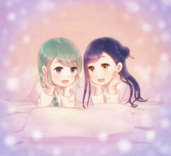 Rule 34 | 2girls, :d, blanket, blue eyes, blue hair, braid, green hair, hair bun, hair ornament, hair over shoulder, hair stick, half updo, hands on own cheeks, hands on own face, happy, head rest, honzuki no gekokujou, konoe3, long hair, long sleeves, looking at another, lying, myne (honzuki no gekokujou), multiple girls, on bed, on stomach, open mouth, pillow, shared blanket, siblings, single braid, single hair bun, sisters, smile, stitches, swept bangs, tuuli (honzuki no gekokujou), under covers, yellow eyes