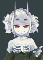 Rule 34 | 1girl, blue skin, breasts, cleavage, colored skin, demon girl, detached sleeves, hikimayu, horns, mota, original, pointy ears, red eyes, ribs, see-through, simple background, skeleton, sketch, small breasts, smile, solo, white hair, white skin, x-ray