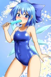 Rule 34 | 1girl, blue background, blue eyes, blue hair, blue one-piece swimsuit, blue ribbon, bow, breasts, cirno, competition school swimsuit, competition swimsuit, d-m (dii emu), eating, food, from side, gradient background, hair bow, highres, ice, ice wings, one-piece swimsuit, popsicle, ribbon, school swimsuit, short hair, small breasts, smile, snow, solo, swimsuit, thighs, touhou, wide hips, wings