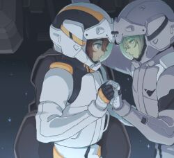 Rule 34 | 1boy, 1girl, arm up, blue eyes, closed mouth, elan ceres, etrback, eye contact, from side, green eyes, green hair, gundam, gundam suisei no majo, helmet, holding hands, looking at another, normal suit, red hair, science fiction, short hair, smile, space, space helmet, spacesuit, star (sky), suletta mercury, upper body