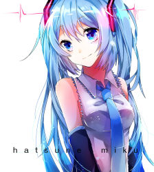Rule 34 | 1girl, blue eyes, blue hair, character name, hatsune miku, head tilt, highres, illian-san, long hair, looking at viewer, matching hair/eyes, necktie, solo, twintails, upper body, very long hair, vocaloid, white background