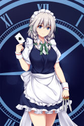 Rule 34 | 1girl, absurdres, ace (playing card), ace of spades, apron, blue dress, blue eyes, bow, braid, card, clock, collared shirt, dagger, dress, frilled apron, frilled skirt, frills, green bow, hair between eyes, hair bow, highres, holding, holding card, holding dagger, holding knife, holding weapon, izayoi sakuya, knife, maid, maid apron, maid headdress, medium hair, playing card, puffy short sleeves, puffy sleeves, shirt, short sleeves, silver hair, skirt, smile, solo, spade (shape), touhou, twin braids, weapon, white shirt, wrist cuffs, xiao qi
