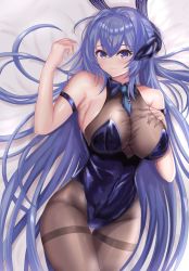 Rule 34 | 1girl, absurdly long hair, ana (vvvvor), animal ears, arm strap, azur lane, bare shoulders, bodystocking, breasts, cleavage, fake animal ears, hand on own chest, highleg, highleg leotard, large breasts, leotard, long hair, looking at viewer, new jersey (azur lane), new jersey (exhilarating steps!) (azur lane), official alternate costume, pantyhose, playboy bunny, purple eyes, purple hair, purple leotard, rabbit ears, see-through, see-through cleavage, solo, taut clothes, thighband pantyhose, very long hair