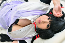 Rule 34 | 1girl, black hair, breasts, cleavage, cosplay, fat, highres, hoshima mika, huge breasts, long hair, maaru tougou, maaru tougou (cosplay), photo (medium), pochamaider, solo, thick thighs, thighs, twintails, wide hips