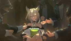 Rule 34 | 1girl, 6+others, absurdres, ambiguous gender, animal ear fluff, animal ears, arknights, bare shoulders, black coat, cat ears, chair, chinese commentary, cigarette, coat, commentary request, detached collar, doctor (arknights), dress, green dress, green eyes, highres, hood, hood up, hooded coat, kal&#039;tsit (arknights), kilala guan, knee up, light particles, long sleeves, mask, material growth, medium hair, mouth mask, multiple others, off-shoulder dress, off shoulder, oripathy lesion (arknights), shared lighter, sitting, white hair