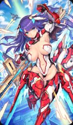 Rule 34 | 1girl, adapted costume, martha (aerial drive) (fate), armpits, blue eyes, blush, breasts, building, clenched hand, craft essence (fate), fate/grand order, fate (series), gloves, gun, headgear, highres, large breasts, long hair, looking at viewer, martha (fate), mecha musume, navel, nidy, official art, purple hair, resized, smile, solo, thighhighs, upscaled, weapon