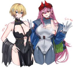 Rule 34 | 2girls, bisaytin, blonde hair, blue eyes, breasts, character name, cleavage, girls&#039; frontline, gloves, highres, large breasts, multiple girls, navel, official alternate costume, pink hair, red eyes, sig mcx (crimson meteor) (girls&#039; frontline), sig mcx (girls&#039; frontline), tongue, tongue out, torn clothes, vsk-94 (girls&#039; frontline), vsk-94 (night on the silver bay) (girls&#039; frontline)