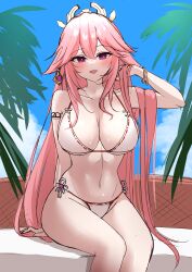 Rule 34 | 1girl, :d, absurdres, arm behind back, balut (7676i), bikini, blush, bracelet, breasts, collarbone, commentary request, day, feet out of frame, genshin impact, groin, hair between eyes, hair ornament, hand in own hair, hand up, highres, holding, holding own hair, jewelry, large breasts, long hair, looking at viewer, navel, open mouth, pink hair, plant, purple eyes, sidelocks, sitting, smile, solo, split mouth, stomach, sweatdrop, swimsuit, unfinished, very long hair, white bikini, yae miko