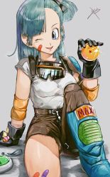 Rule 34 | 1girl, ;d, arm rest, artist request, bandages, belt, black gloves, black ribbon, blue eyes, blue hair, bulma, denim, dragon ball, dragon ball (classic), dragon ball (object), gloves, goggles, goggles around neck, grey background, grin, hair ribbon, hand up, head tilt, holding, jeans, leg up, long hair, looking away, one eye closed, open mouth, pants, ponytail, radar, reeya, ribbon, shirt, side ponytail, signature, simple background, sitting, sleeves rolled up, smile, solo, sparkle, thighs, torn clothes, torn jeans, torn pants, upper body, white shirt
